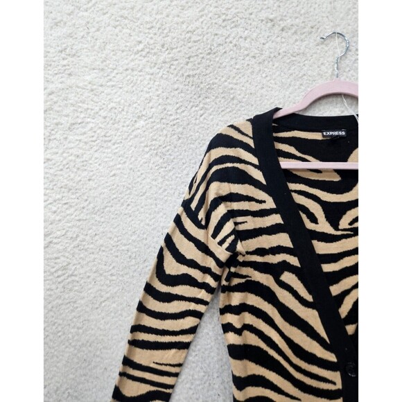 Express Women Sweater Medium Black Animal Print 100% Cotton Long Sleeve Cardigan - Picture 2 of 16
